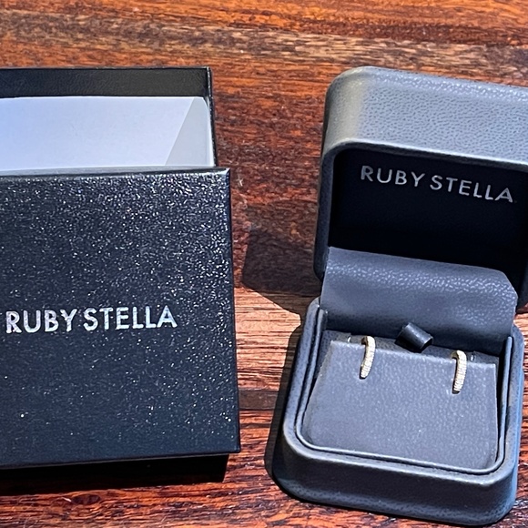 RUBY STELLA 14K YELLOW GOLD DIAMOND HUGGIE HOOPS WITH SECURITY LATCH - Picture 5 of 11